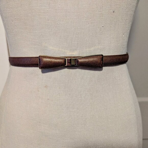 Vintage Skinny Belt Bow Tie Dainty Leather Statement Gold Hardware Bronze Brown - Picture 3 of 10